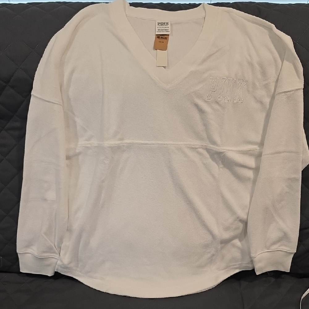 Victoria's Secret Pink Terry Oversized Varsity Breach V-neck Pull Over Sweater